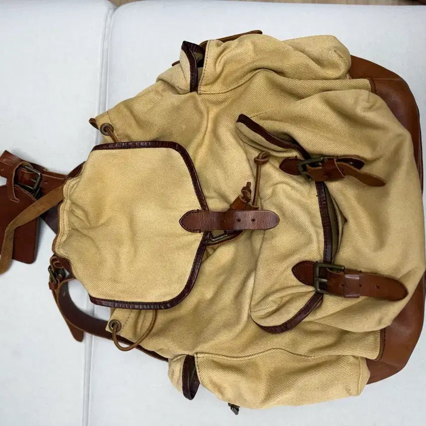 [BUNJANG] Polo Ralph Lauren Canvas Backpack Tan Brown Leather Trim / 폴로 캔버스 백팩