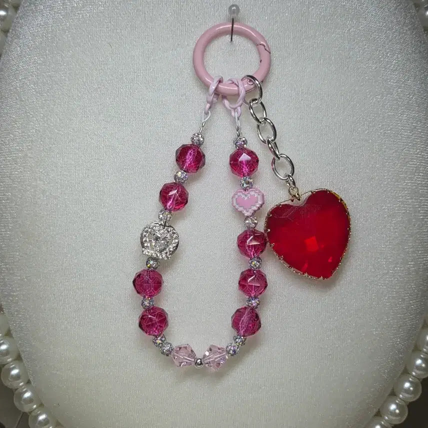 [BUNJANG] Handmade Heart Bead Keychain - Pink & Red / 하트 비즈 키링 핑크 레드
