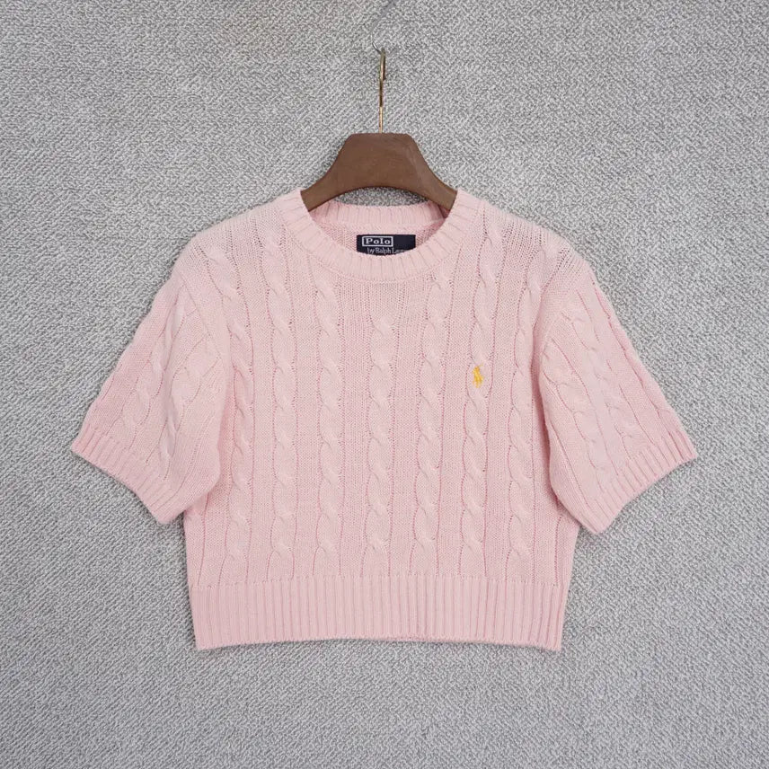 [BUNJANG] Polo Ralph Lauren Made in USA Cropped Cable Knit Short Sleeve Sweater Pink / 폴로랄프로렌 Made in USA 크롭 케이블 반팔 니트 66-77