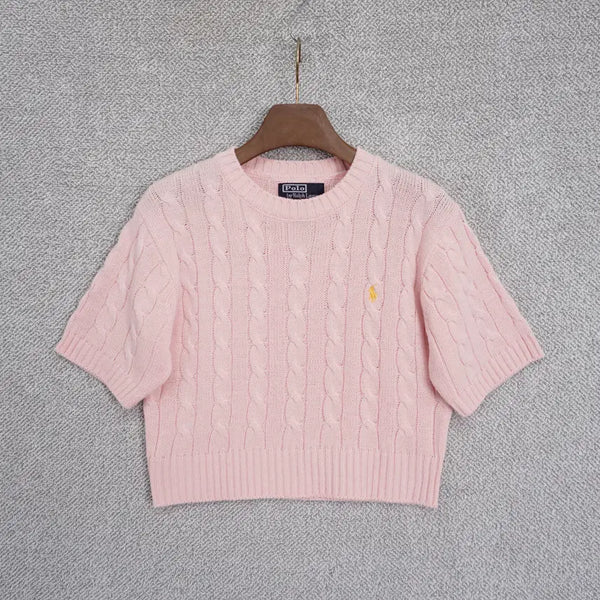[BUNJANG] Polo Ralph Lauren Made in USA Cropped Cable Knit Short Sleeve Sweater Pink / 폴로랄프로렌 Made in USA 크롭 케이블 반팔 니트 66-77