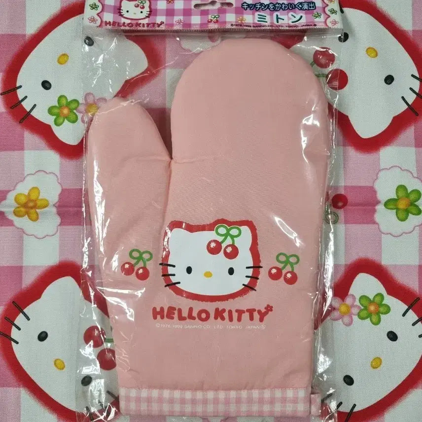 [BUNJANG] Sanrio Cherry Kitty Oven Mitts Vintage 1998 / 고전 키티 체리 주방 오븐 장갑 원단 빈티지