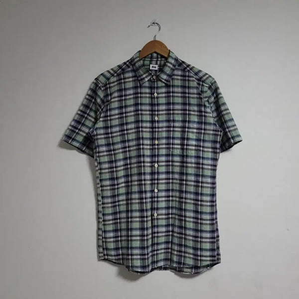 [BUNJANG] Uniqlo Men's Linen Blend Plaid Short Sleeve Shirt L / (L) UNIQLO 유니클로 반팔 체크 셔츠 남방 마혼방