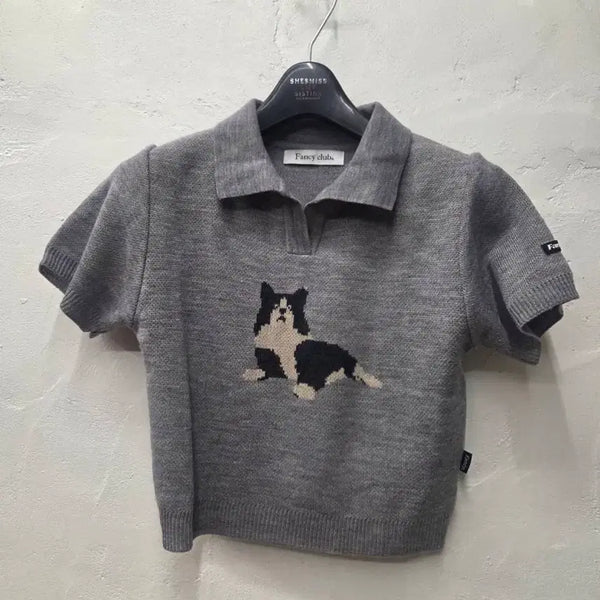 [BUNJANG] Fancy Club Women's Collar T-Shirt Knit Crop Short Sleeve Grey S / 팬시클럽 여 카라티 그레이/니트/크롭/반팔 S