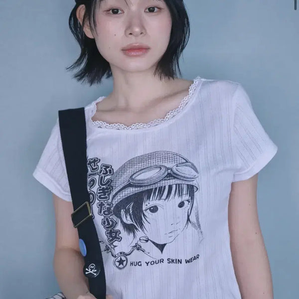 [BUNJANG] Hug Your Skin Geek Girl Print Lace Top White / 허그유어스킨 긱 걸 프린트 레이스 탑 화이트