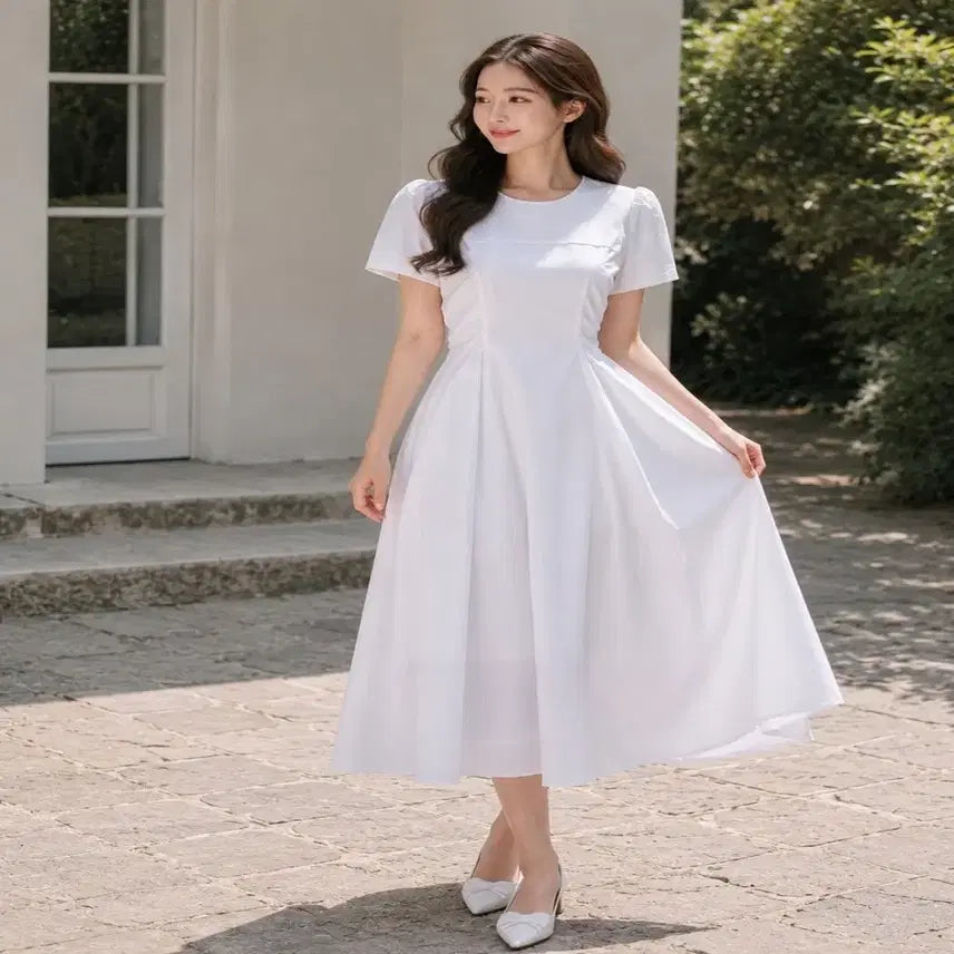 [BUNJANG] 100% Cotton Puff Sleeve Flare Maxi Dress / 새상품 면100 플레어 롱원피스 데이트룩 하객룩ㅡ무배