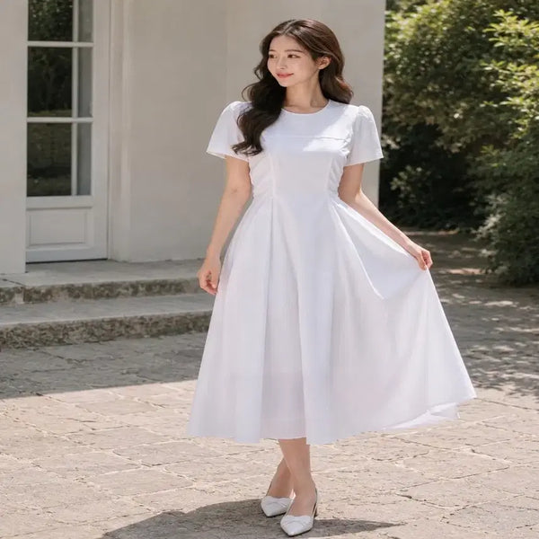 [BUNJANG] 100% Cotton Puff Sleeve Flare Maxi Dress / 새상품 면100 플레어 롱원피스 데이트룩 하객룩ㅡ무배