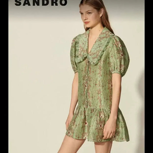 [BUNJANG] Sandro Mint Flower Big Collar Linen Silk Blend Dress (Size 38) / (38사이즈)SANDRO 산드로 민트 플라워 빅카라 원피스