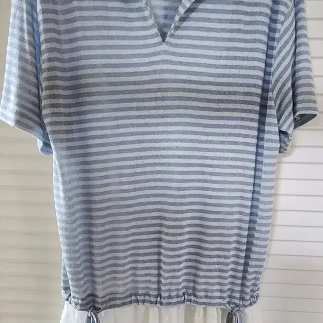[BUNJANG] Striped Short-Sleeve Shirt with White Lace - Dress/T-Shirt Hybrid / (새상품)줄무늬 반팔 셔츠 흰색 레이스 원피스겸 티셔츠