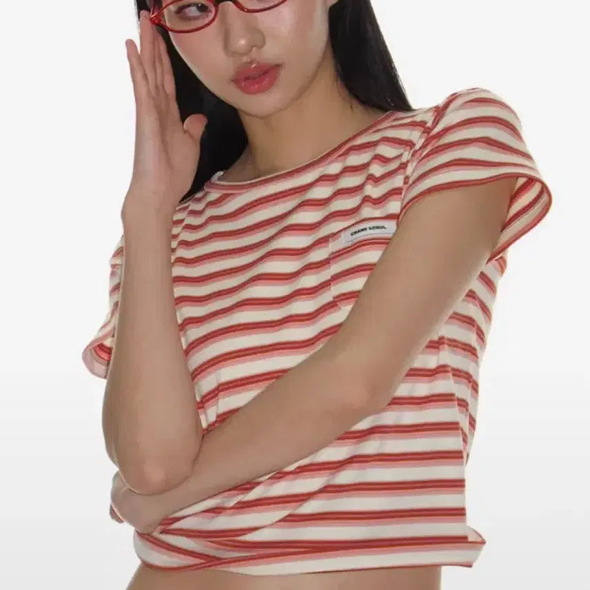 [BUNJANG] Crank Stripe Pocket T-Shirt Orange / 크랭크 스트라이프 포켓티 오렌지