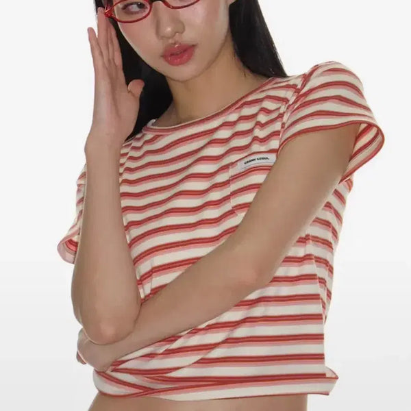 [BUNJANG] Crank Stripe Pocket T-Shirt Orange / 크랭크 스트라이프 포켓티 오렌지