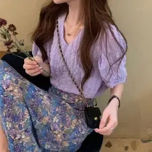 [BUNJANG] Women's Puff Sleeve V-Neck Blouse - Lavender / [새상품] 여성 퍼프 소매 브이넥 블라우스 라벤더