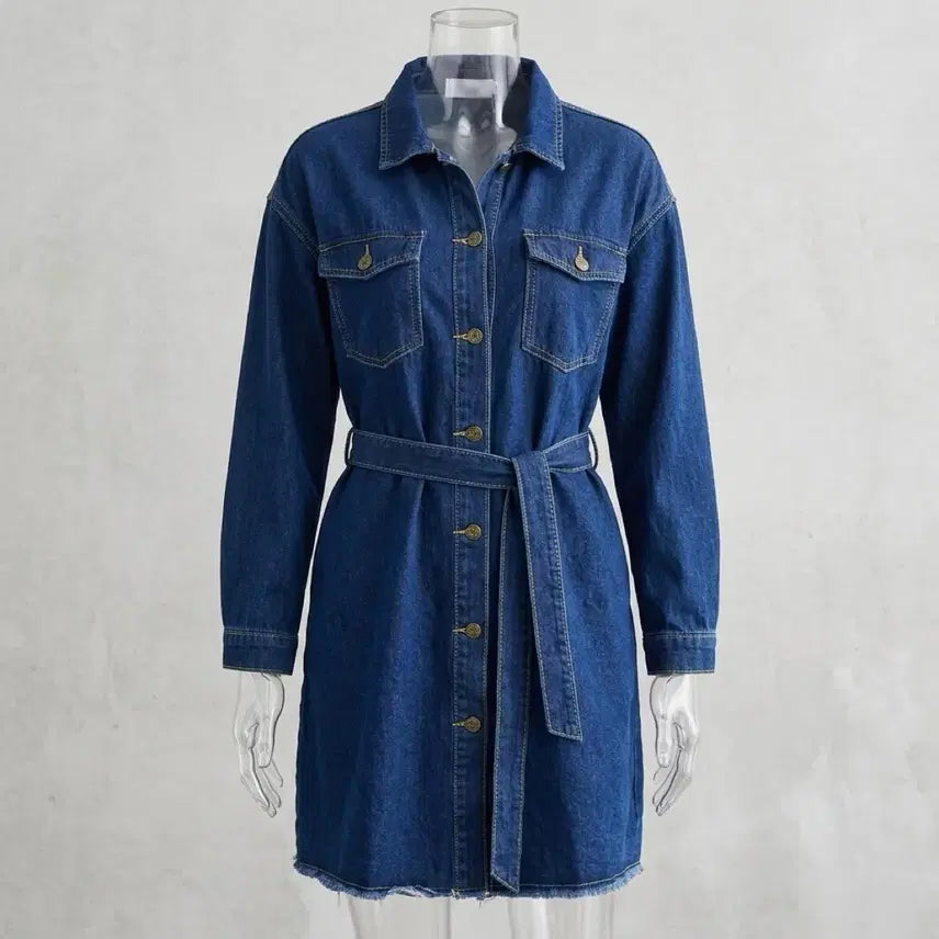 [BUNJANG] Denim Shirt Dress with Belt Set / 청 데님 셔츠 원피스 벨트 세트