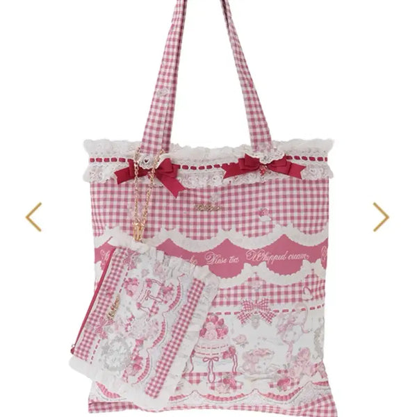 [BUNJANG] Lizlisa Sweet Gingham Tearoom Tote Bag / 리즈리사 스윗 깅엄 티룸 토트백(시허니 마즈 로지타 양지뢰 스나계 지뢰계 로리타 양산형 마즈 디마럽 서브컬쳐 섭컬 오네 히메 갸루)