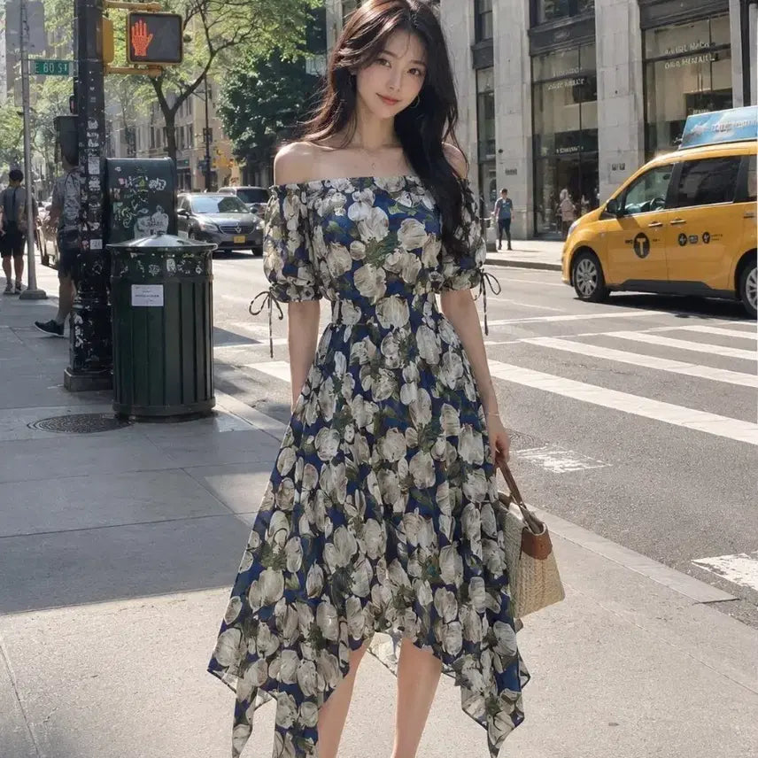 [BUNJANG] Flower Asymmetric Off-Shoulder Dress / 플라워 언발 오프숄더 원피스 (44~55 추천)