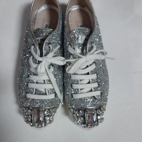 [BUNJANG] Miu Miu Silver Glitter Sneakers / 미우미우 실버 글리터 스니커즈