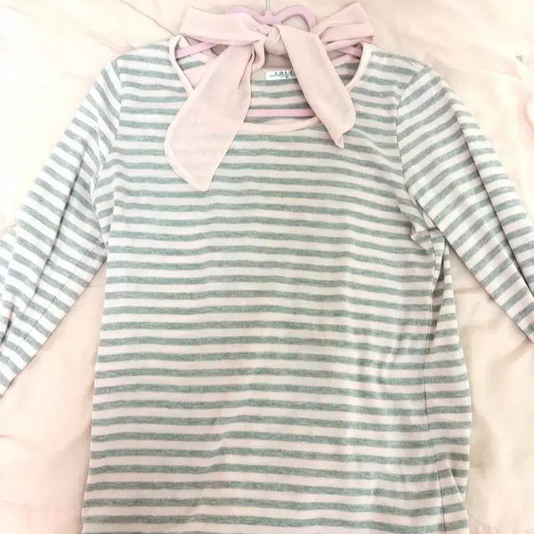 [BUNJANG] Colza Stripe Pink Ribbon Long Sleeve T-Shirt / 콜자 스트라이프 핑크 리본 긴팔티 핀터레스트 키치 히메카지 일브 빈티지
