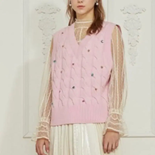 [BUNJANG] Ozsecon Sequin Embellished Vest Pink / 한섬 오즈세컨 스팽글 장식 베스트 핑크