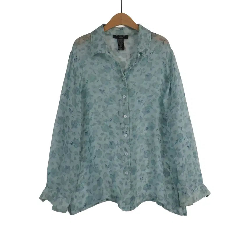 [BUNJANG] SILKLAND 100% Silk Floral See-Through Blouse (Mint, Size 77) / SILKLAND 실크100 플라워 시스루 블라우스 77 민트 실크 셔츠