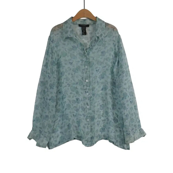 [BUNJANG] SILKLAND 100% Silk Floral See-Through Blouse (Mint, Size 77) / SILKLAND 실크100 플라워 시스루 블라우스 77 민트 실크 셔츠