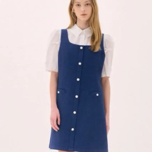 [BUNJANG] Ozzie Coen Sleeveless Navy Full Button Mini Dress / 한섬 오즈세컨 슬리브리스 네이비 풀버튼 미니드레스