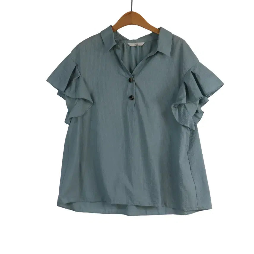 [BUNJANG] ZOOC Frill Sleeve Collar Blouse Mint Short Sleeve / ZOOC 프릴소매 블라우스 55 민트 반팔 카라 블라우스
