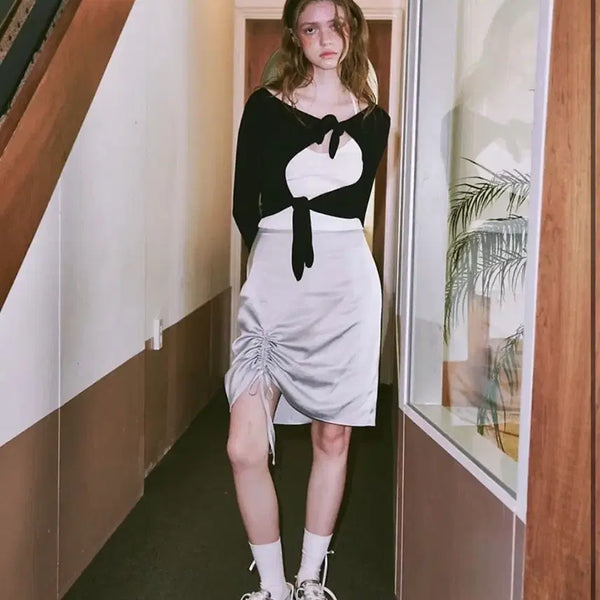 [BUNJANG] Lonlon Satin String Ribbon Skirt Grey Silver / 론론 새틴 스트링 리본 스커트 그레이 실버