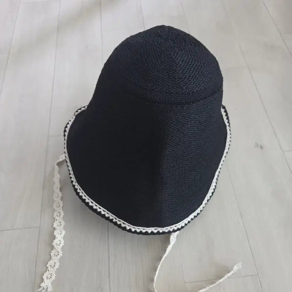 [BUNJANG] Black Wide Brim Bucket Hat with Lace Detail / 검정색 여성 벙거지 모자 레이스 장식 챙 넓은 모자