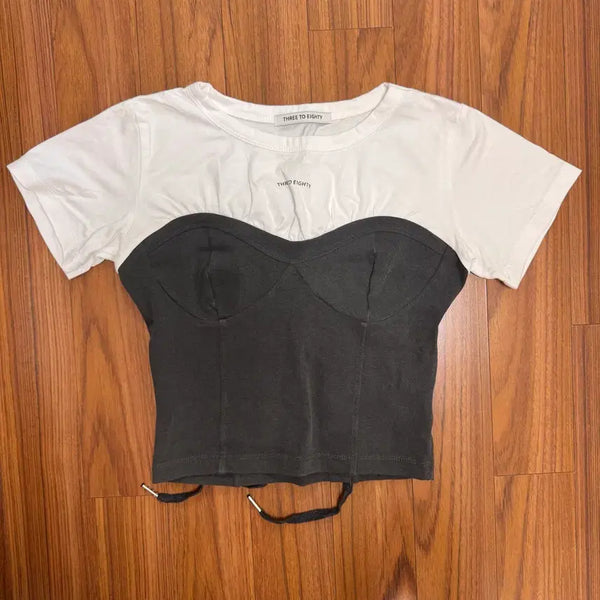[BUNJANG] 32 Degrees Corset Layered T-Shirt (Charcoal) / 쓰리투에이티 코르셋 레이어드 티셔츠(차콜)