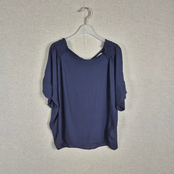[BUNJANG] Navy Chiffon Blouse with Back Ribbon and Shoulder Banding / (#66,66반추천/F)네이비 뒷리본 어깨밴딩 쉬폰 블라우스