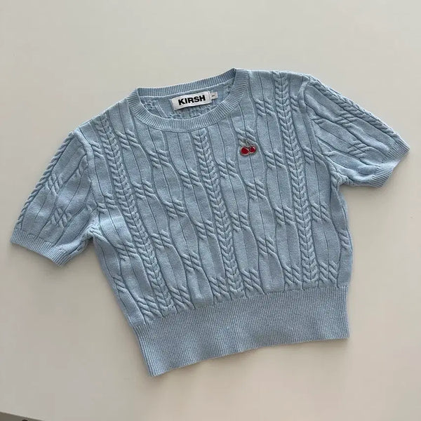 [BUNJANG] Kirsh Sky Blue Cherry Cable Short Sleeve Knit / 키르시 하늘색 체리 케이블 반팔 니트