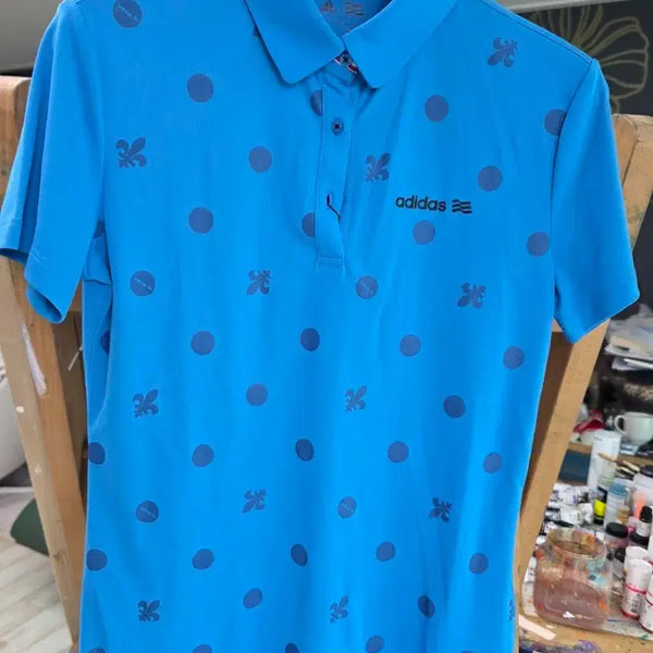 [BUNJANG] Adidas Women's Golf Wear Short Sleeve Polo Shirt - Blue Dot & Fleur-de-lis Print / 아디다스 여성골프웨어 반팔 카라티 블루 도트 무늬