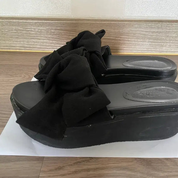 [BUNJANG] Black Platform Ribbon Detail Slippers / 리본 통굽 슬리퍼 블랙