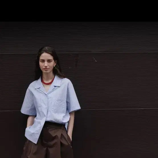 [BUNJANG] The Lir Open Collar Pocket Half Shirt Stripe / [미착용상품] 더라이 오픈 칼라 포텟 하프 셔츠 스트라이프