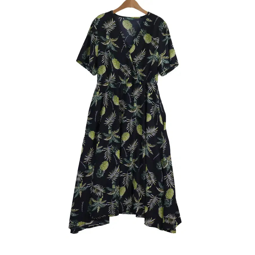 [BUNJANG] CROCODILE Tropical Pineapple V-Neck Long Dress Navy 105 / CROCODILE 트로피칼 파인애플 원피스 105 네이비