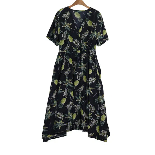 [BUNJANG] CROCODILE Tropical Pineapple V-Neck Long Dress Navy 105 / CROCODILE 트로피칼 파인애플 원피스 105 네이비