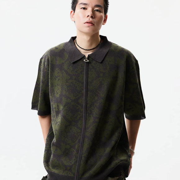 [BUNJANG] Short Sleeve Knit Zip-Up Khaki / 반팔 니트집업 카키색상