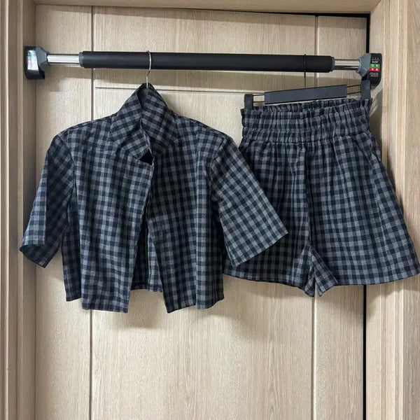 [BUNJANG] Black Checkered Jacket and Shorts Set / 블랙 체크자켓 반바지 세트