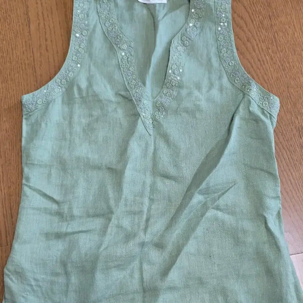 [BUNJANG] Mint Sleeveless Linen Blouse with Neckline Embellishment / 민트색 민소매 블라우스 린넨 장식