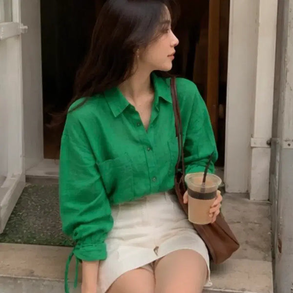 [BUNJANG] Benetton 100% Linen Summer Shirt Blouse Outer / BENETTON 베네통 정품 마100% 린넨 셔츠 여름 블라우스 아우터