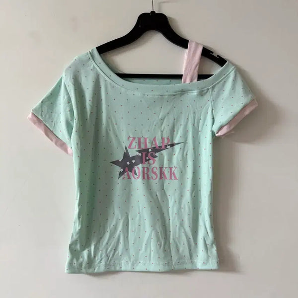 [BUNJANG] Polka Dot One-Shoulder Half Sleeve Top - Mint Color Block / 새상품 여자 도트 끈 원숄더 민트 배색 반팔