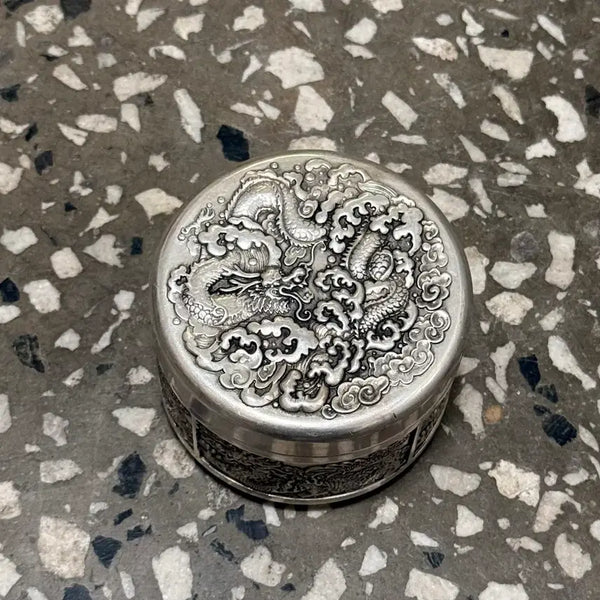 [BUNJANG] White Brass Cylindrical Tea Caddy with Dragon Motif / 백동 차통 용문양 원형 차통 찻잎 보관함