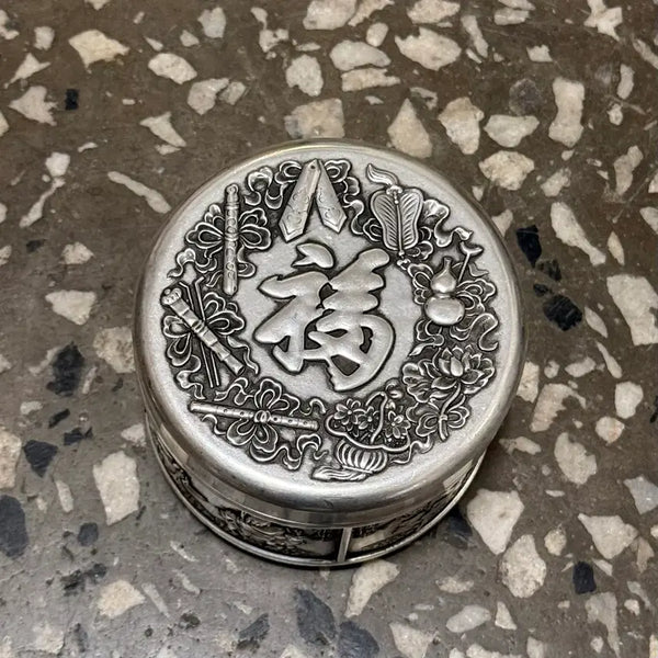 [BUNJANG] Brass Tea Caddy with 'Bok' Engraving / 백동 차통 복 원형 차통 찻잎 보관함