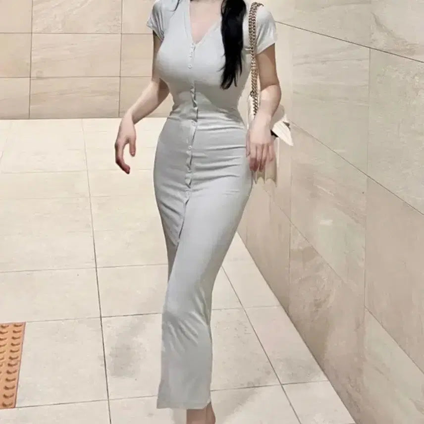 [BUNJANG] Glam Button Slit Long Slim Fit Dress / 글램 단추 트임롱  슬림핏원피스/ 섹시원피스/
