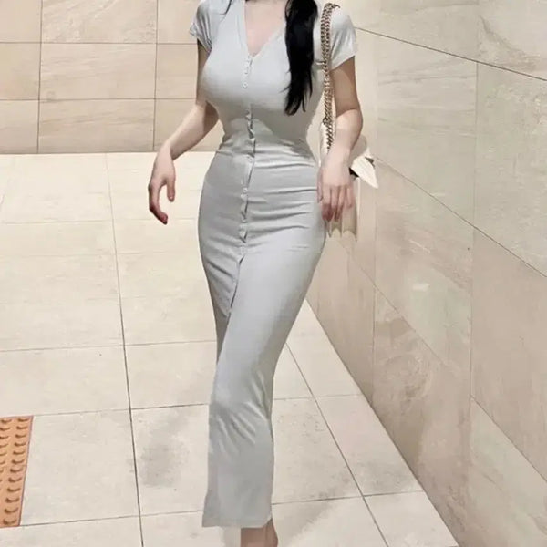 [BUNJANG] Glam Button Slit Long Slim Fit Dress / 글램 단추 트임롱  슬림핏원피스/ 섹시원피스/