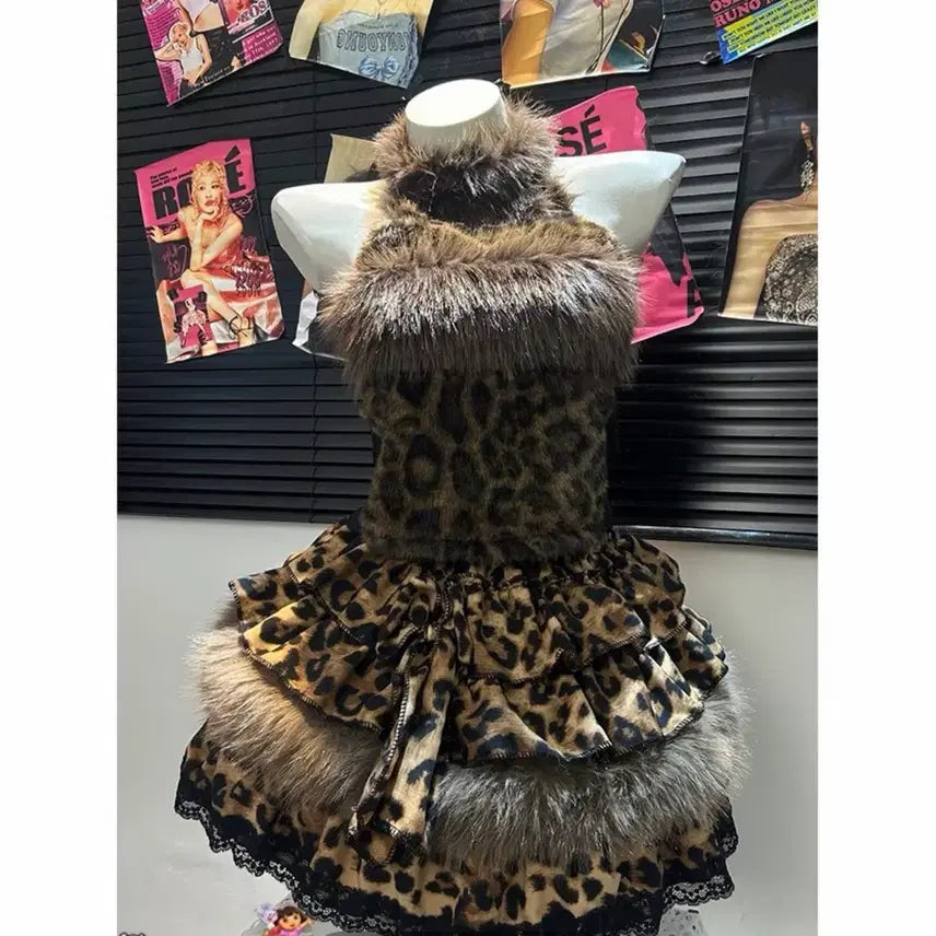 [BUNJANG] Legend Leopard Off-Shoulder Top & Fur Coat Choker Set / 레전드레오파드 로걀갸루템드레스히메갸루오네갸루 오프숄더탑 퍼코트초커