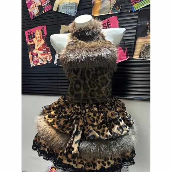 [BUNJANG] Legend Leopard Off-Shoulder Top & Fur Coat Choker Set / 레전드레오파드 로걀갸루템드레스히메갸루오네갸루 오프숄더탑 퍼코트초커