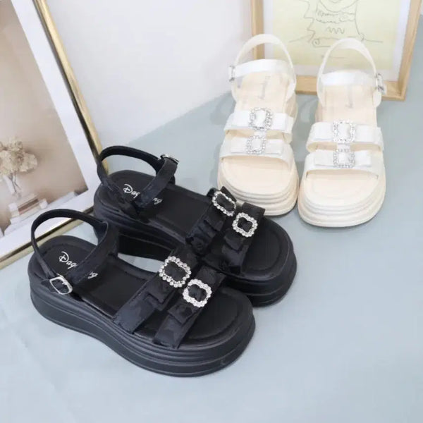 [BUNJANG] Women's Wedge Heel Strap Sandals with Ribbon / (새상품) 여성 리본 통굽 웨지힐 스트랩 샌들
