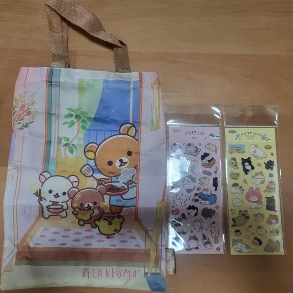 [BUNJANG] Rilakkuma Mini Tote Bag & Cat Sticker Set / 리락쿠마 파우치 미니 토트백  가챠 + 고양이 스티커 2종