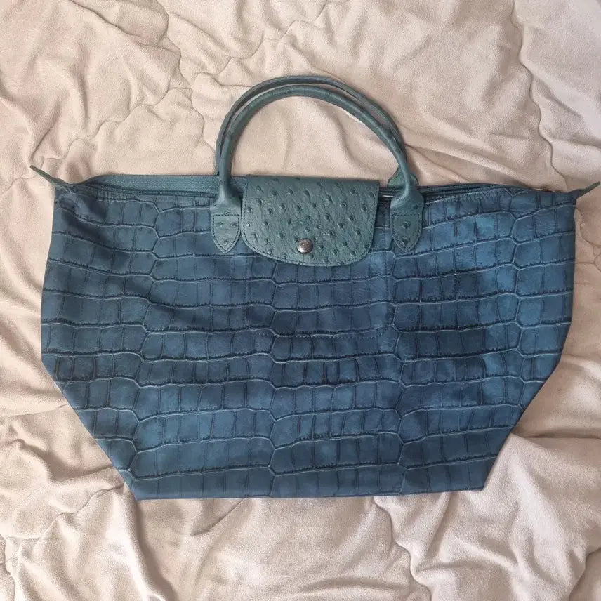 [BUNJANG] Longchamp Limited Edition Ostrich & Crocodile Pattern Tote Bag - Blue / 롱샴 한정판 타조+악어패턴 토트백 블루