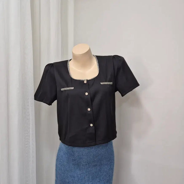 [BUNJANG] Black Square Neck Pearl Button Puff Blouse / 블랙 스퀘어넥 진주 단추 퍼프 블라우스